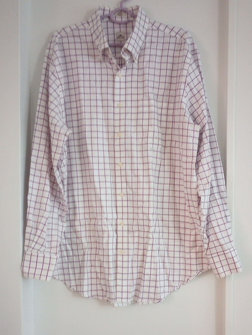 Peter Millar Cotton White Purple Gingham Button-Down Long Sleeve Shirt Size L